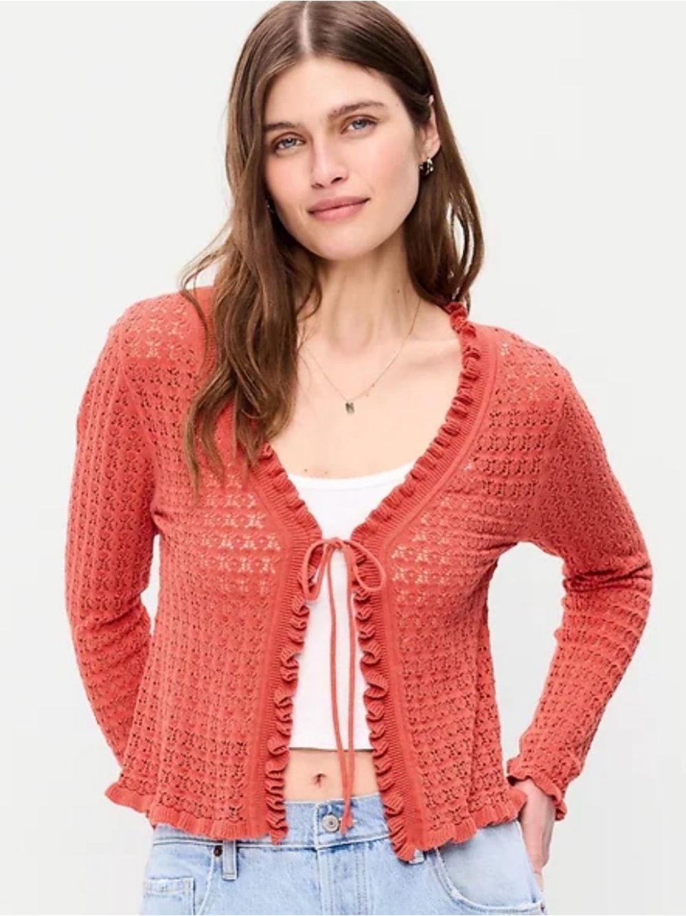 Old Navy Coral Crochet Tie-Front Cardigan